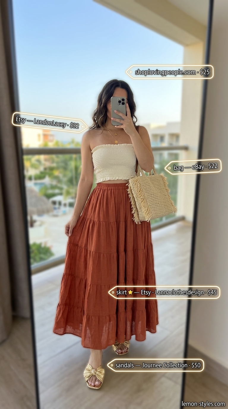 Boho Island Breeze Maxi Skirt for Summer Vacation Outfits 2026 Terracotta maxi skirt outfit for women, ideal for summer vacation capsule outfits 2026. Bohemian evening style.