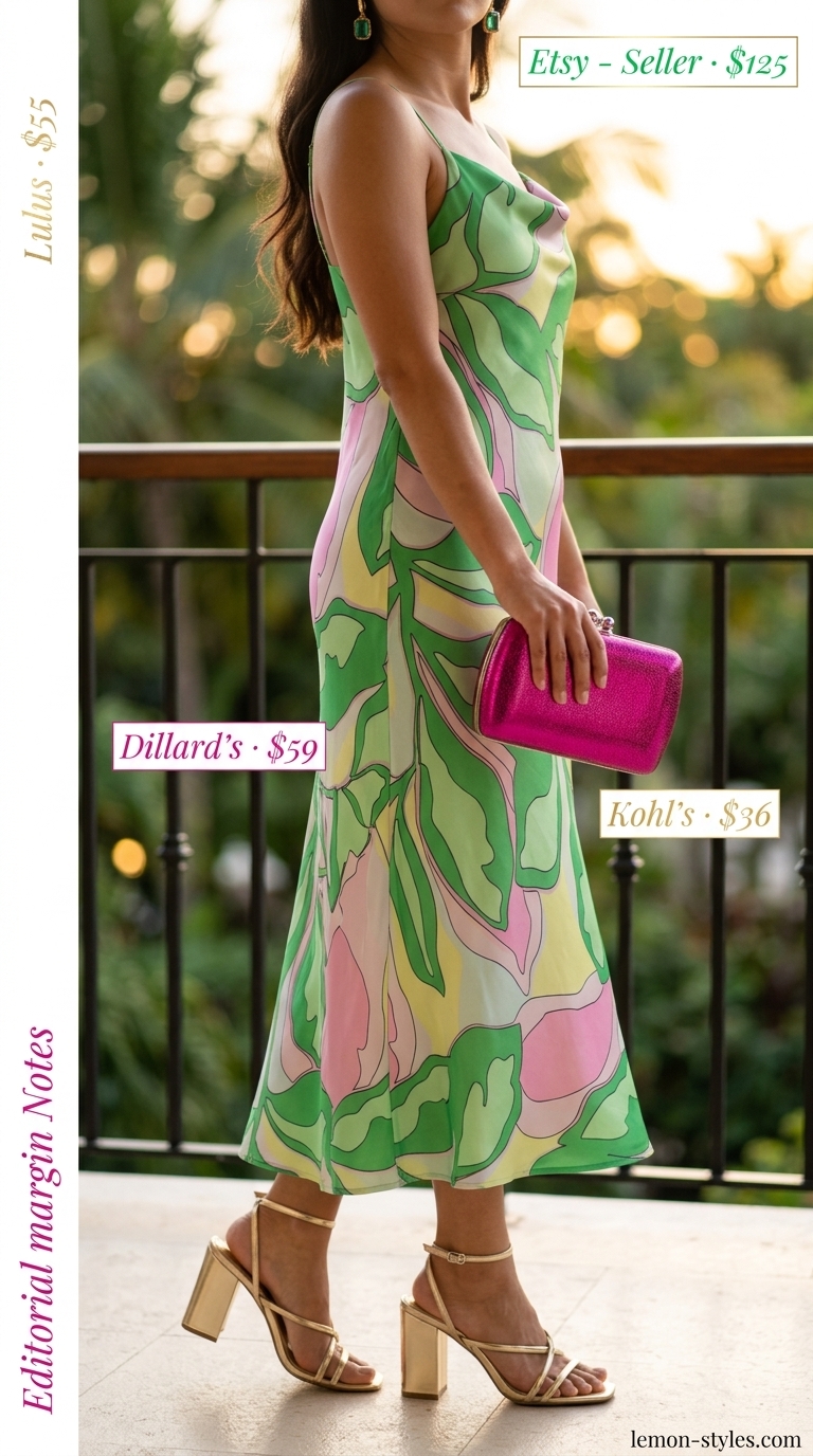 Summer Vacation Outfits 2026: Tropic Rendezvous Dinner Emerald green midi slip dress with fuchsia print, gold sandals & earrings for summer vacation capsule outfits for women 2026.