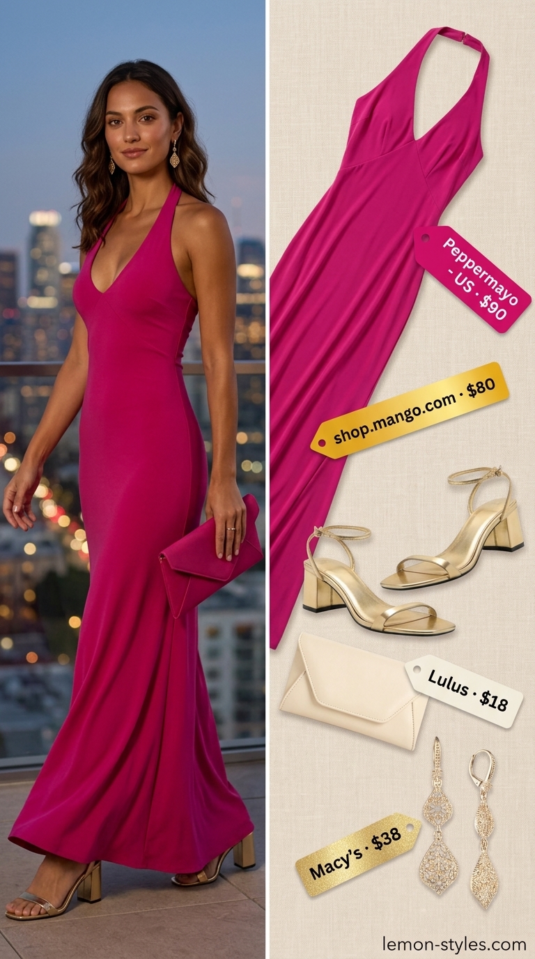 Summer Vacation Capsule Outfits 2026: Tropical Soirée Dress Bold fuchsia maxi dress for summer vacation capsule outfits for women 2026. Glamorous resort evening wear.