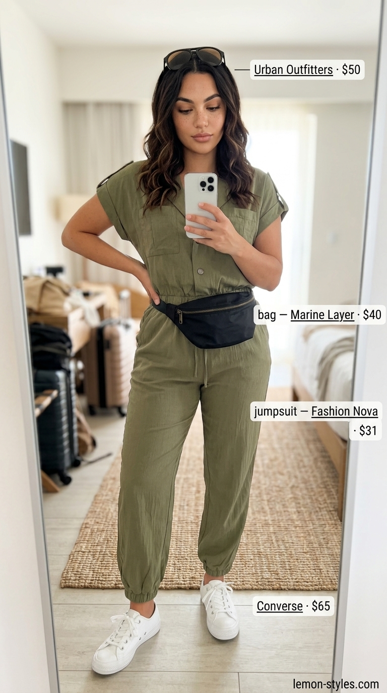 Utility Jumpsuit Adventure 2026 | Exploring Vacation Outfits Utility jumpsuit adventure outfit for summer vacation capsule outfits for women 2026. Olive green jumpsuit with white sneakers.