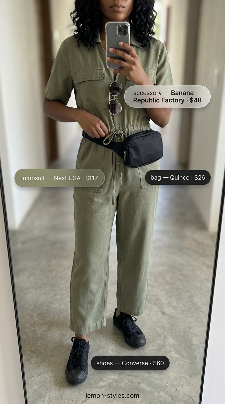 Chic Utility Jumpsuit for Summer Vacation Outfits 2026 Khaki green utility jumpsuit for women, a practical choice for summer vacation capsule outfits 2026. Adventurous style.