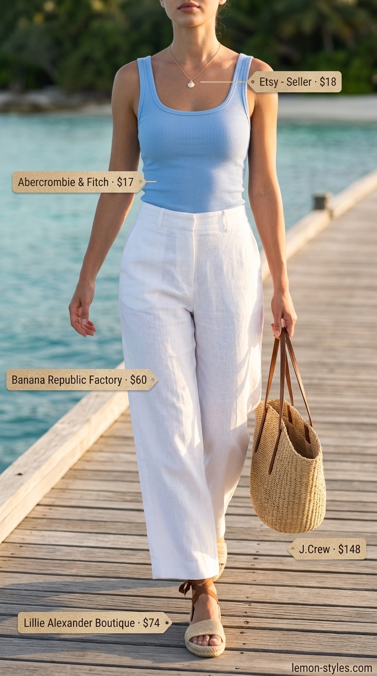 Relaxed Linen Pants for Summer Vacation Outfits 2026 White linen blend pants outfit for women, perfect for summer vacation capsule outfits 2026. Relaxed resort style.