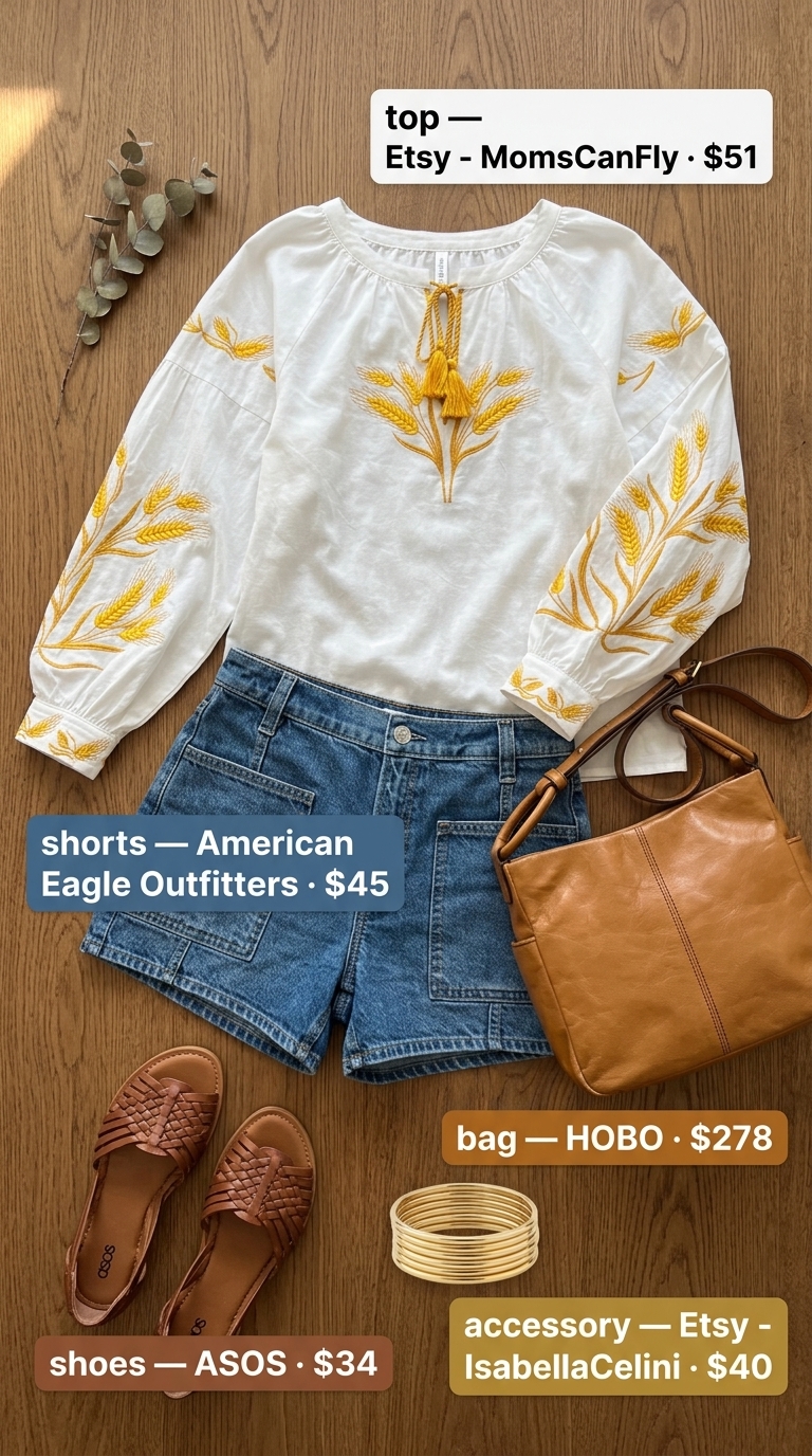 Denim Shorts & Blouse: Summer Vacation Outfits 2026 Relaxed Denim Shorts outfit: Denim shorts, white embroidered blouse, tan sandals. Summer vacation capsule outfits for women 2026.