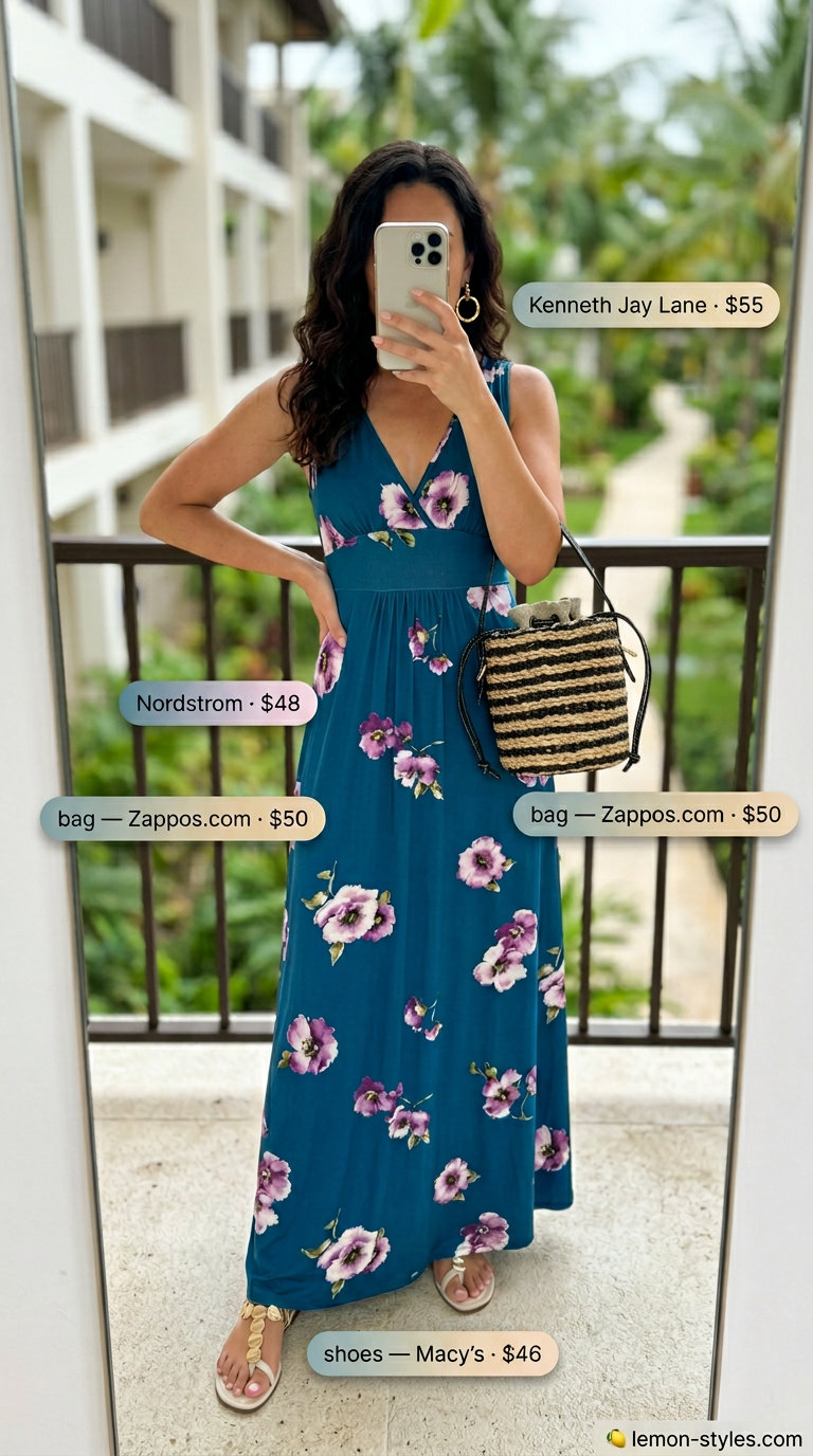 Floral Maxi Dress: Summer Vacation Outfits 2026 Island Maxi Dress: Teal floral print dress, straw bag, gold earrings. Summer vacation capsule outfits for women 2026.