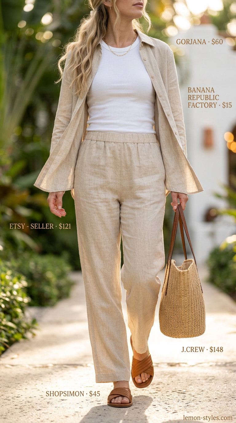 Coastal Linen Set: Summer Vacation Outfits 2026 Coastal Breeze Linen Set: Beige linen pants & shirt, white tank, gold necklace. Summer vacation capsule outfits for women 2026.