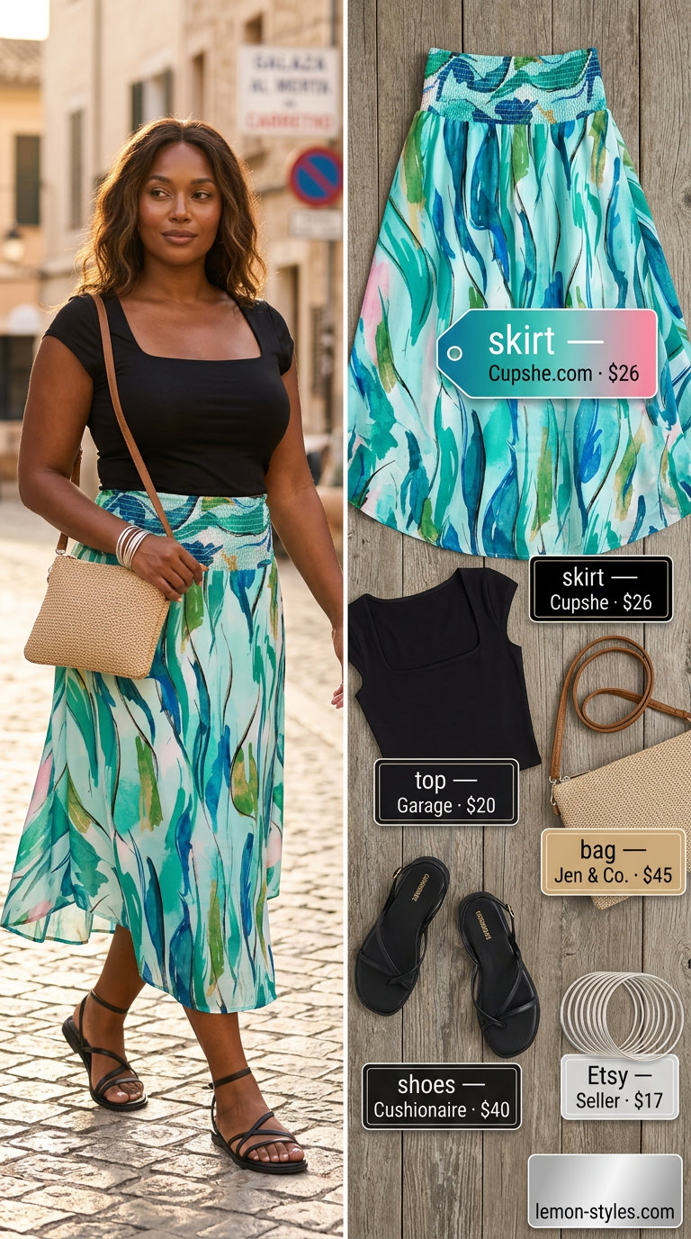 Print Midi Skirt: Summer Vacation Outfits 2026 Print Midi Skirt outfit: Abstract print skirt, black crop top, sandals. Summer vacation capsule outfits for women 2026.