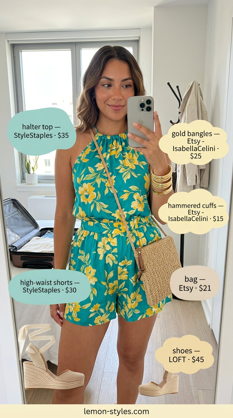 Print Shorts Set: Summer Vacation Outfits 2026 Island Shorts Set: Teal & yellow print linen set, espadrilles. Summer vacation capsule outfits for women 2026.