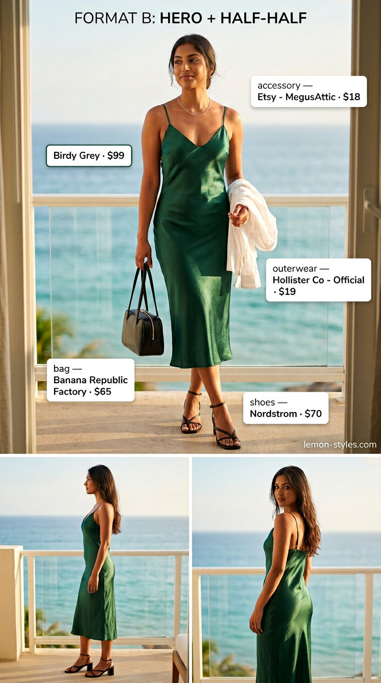 Emerald Slip Dress: Summer Vacation Outfits 2026 Chic Slip Dress: Emerald green slip dress, white shirt, black bag. Summer vacation capsule outfits for women 2026.