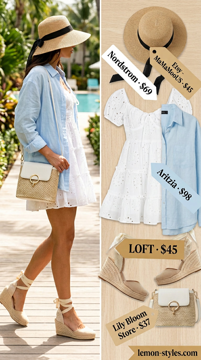 White Mini Dress: Summer Vacation Outfits 2026 White Eyelet Mini Dress: White mini dress, light blue linen shirt, straw hat. Summer vacation capsule outfits for women 2026.