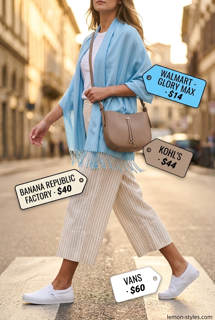 Beige cropped linen-blend pants with a grey t-shirt and slip-on sneakers for travel.