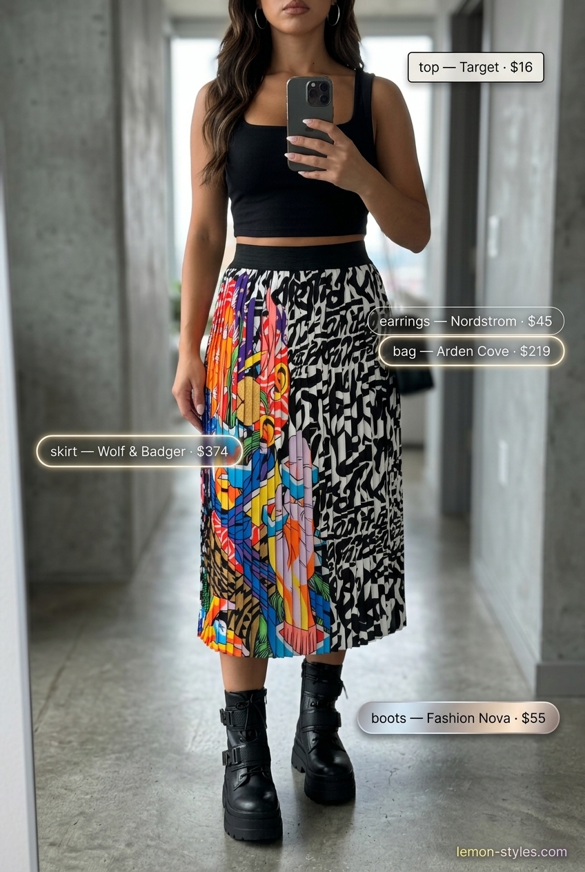 Miami Summer Outfits 2026: Edgy Abstract Print Skirt Trendy Miami summer outfits 2026: Abstract print skirt, combat boots, for Wynwood art district cool.