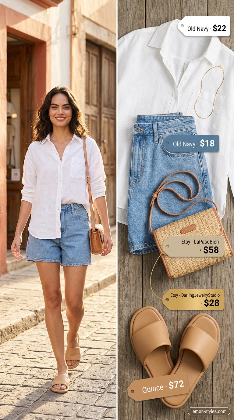 Miami Summer Outfits 2026: Casual Chic Day Out Trendy Miami summer outfit 2026: Denim shorts, linen shirt, and straw bag for a casual day out.