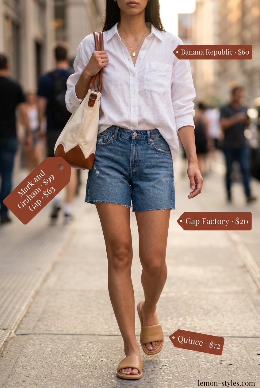 Miami Summer Outfits 2026: Effortless Casual Errands Trendy Miami summer outfits for women 2026: Linen shirt, denim shorts, canvas tote for casual errands.