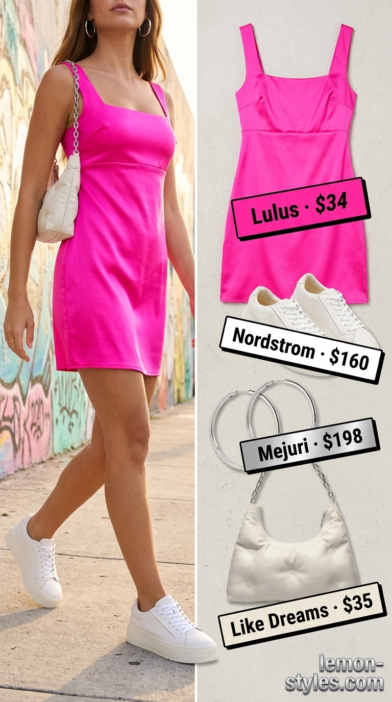 Trendy Miami summer outfits 2026: Neon pink mini dress, white sneakers, and silver hoops for daytime fun.