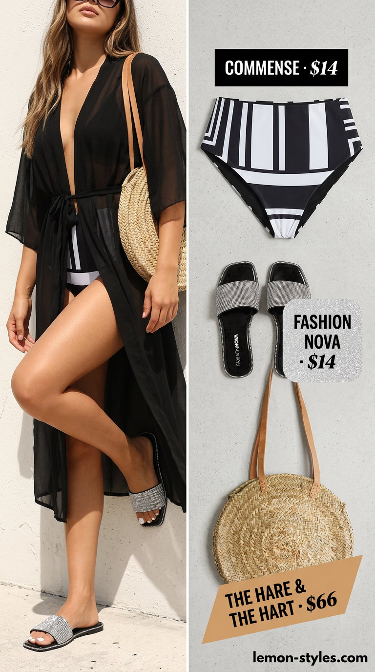 Miami Summer Outfits 2026: Retro Poolside Chic Trendy Miami summer outfits 2026: Retro bikini, kimono cover-up, for poolside lounging.