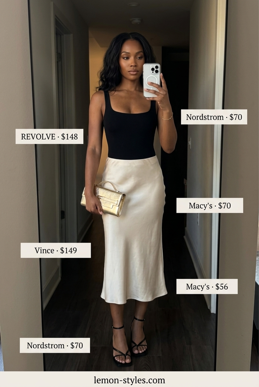 Miami Summer Outfits 2026: Sleek Satin Midi Skirt Trendy Miami summer outfits 2026: Satin skirt, bodysuit, and heels for a sleek night out.