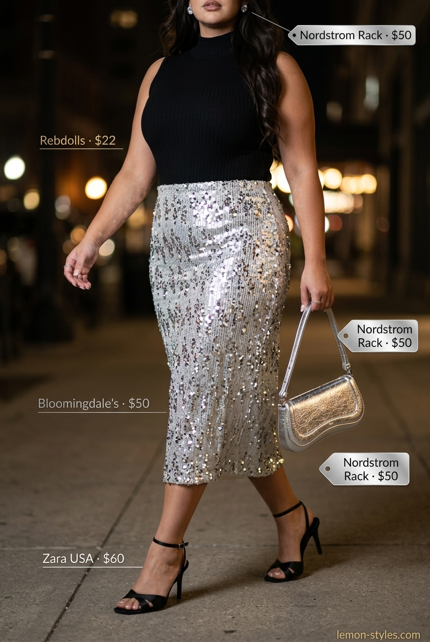 Miami Summer Outfits 2026: Glamorous Sequin Midi Skirt Trendy Miami summer outfits 2026: Sequin skirt, bodysuit, and heels for a glamorous night out.