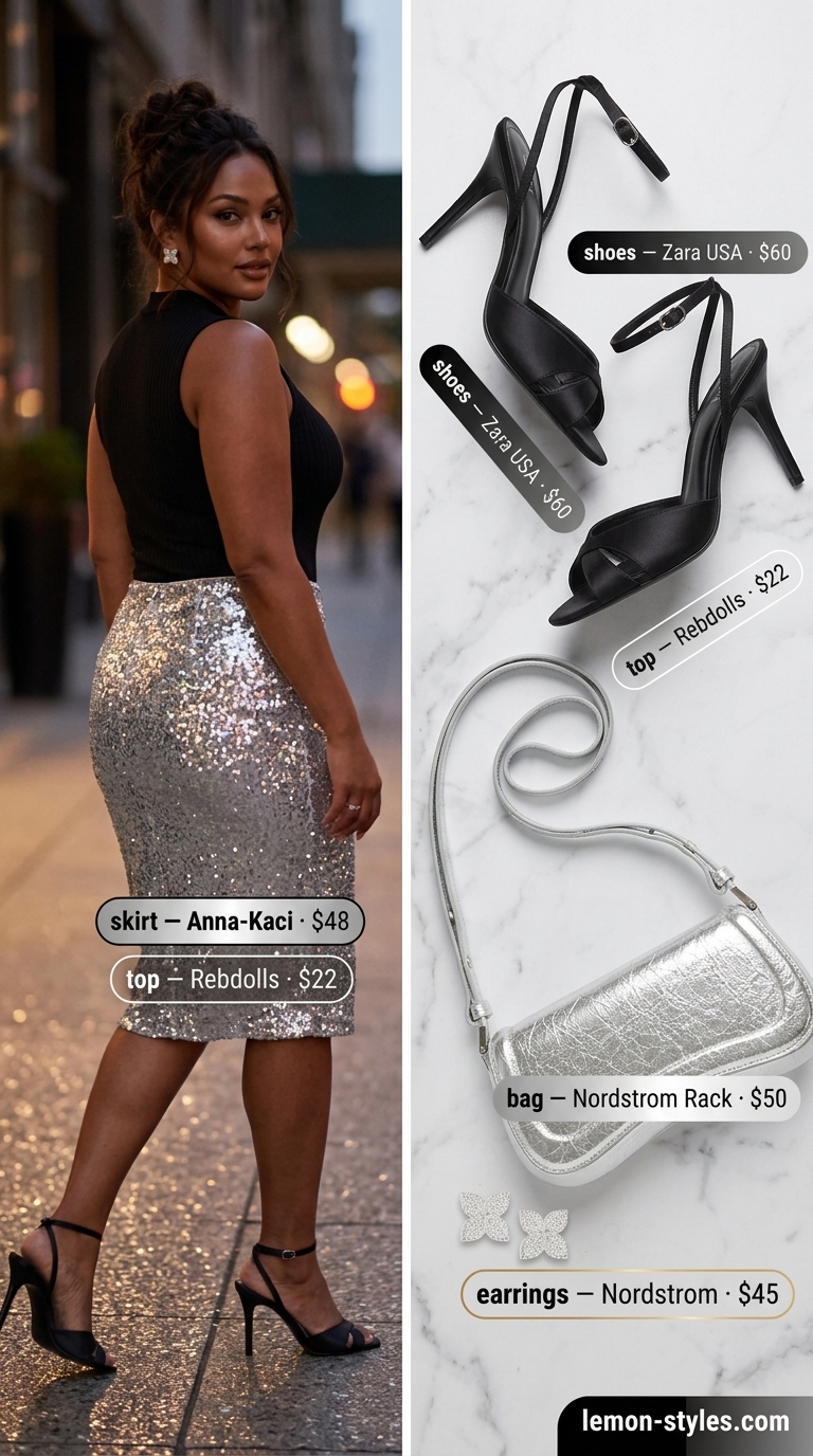 Miami Summer Outfits 2026: Glamorous Art Deco Night Trendy Miami summer outfits 2026: Sequin skirt, bodysuit, and heels for a glamorous night out.
