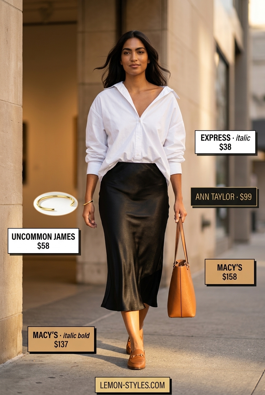 Miami Summer Outfit 2026: Art Gallery Chic Trendy Miami summer outfits for women 2026: Black satin midi skirt, white oversized shirt & leather loafers for art gallery chic.
