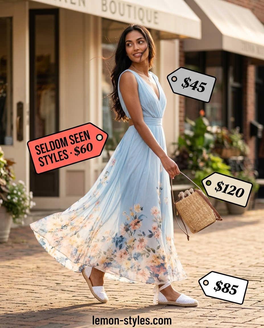 Miami Summer Beach Outfits 2026: Floral Maxi Dress Trendy Miami summer outfits for women 2026: Pastel blue floral maxi dress, straw bag & espadrilles for a breezy beach look.