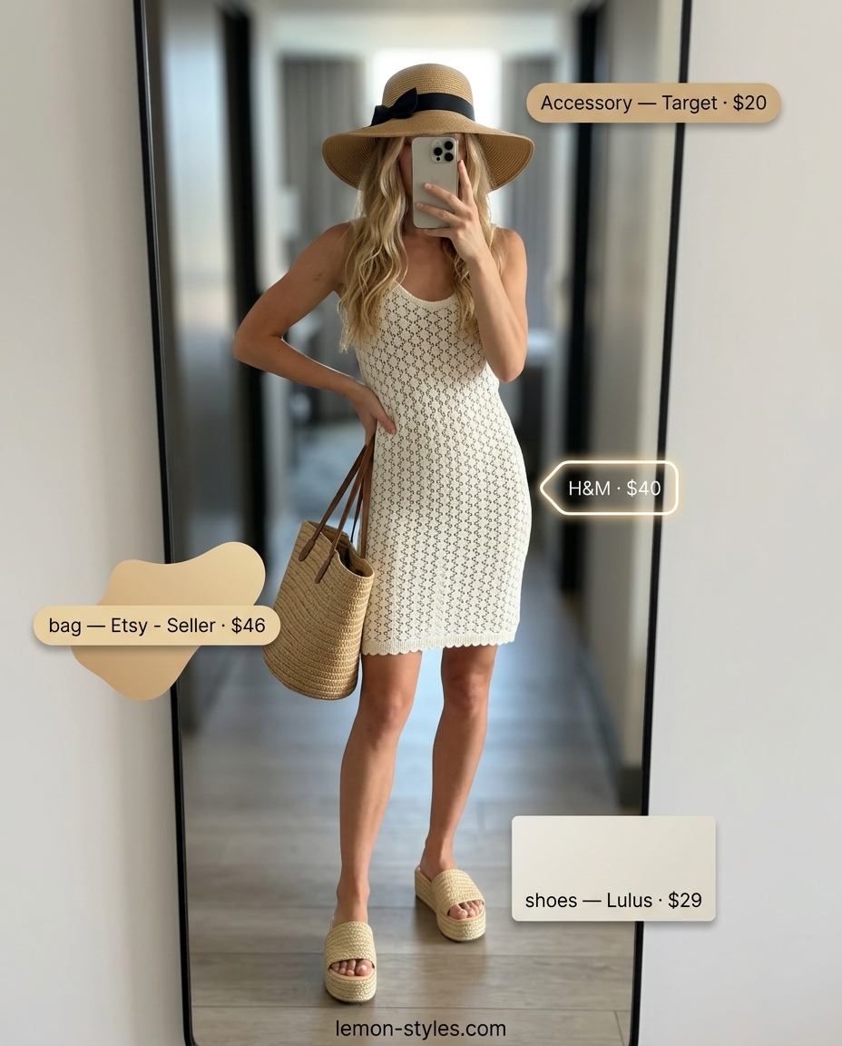 Miami Summer Brunch Outfits 2026: Crochet Dress Style Trendy Miami summer outfits for women 2026: Ivory crochet mini dress, straw hat & espadrilles for a chic brunch look.
