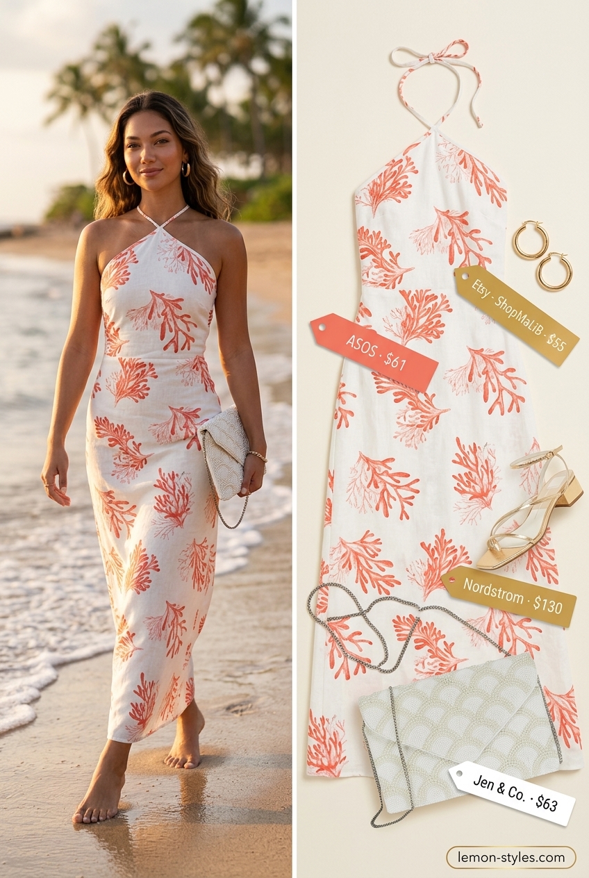 Miami Summer Maxi Dress 2026: Tropical Sunset Glam Trendy Miami summer outfits for women 2026: Coral maxi dress with gold heels and clutch for sunset dinners.