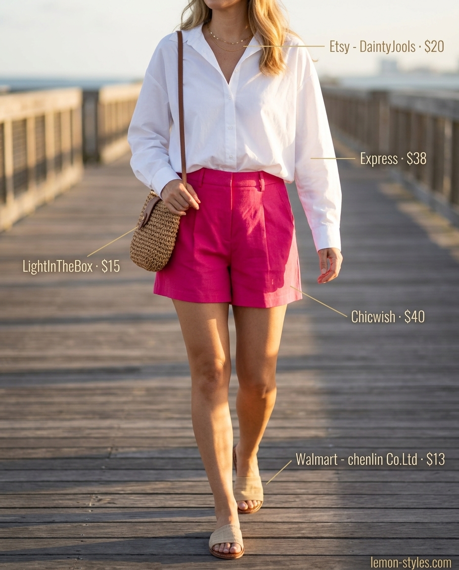 Miami Summer Cruise Outfits 2026: Hot Pink Shorts Trendy Miami summer outfits for women 2026: Hot pink linen shorts, white shirt & flat sandals for a vibrant cruise look.
