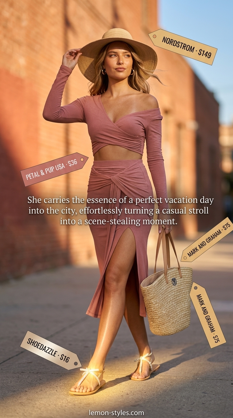 Miami Summer Matching Set 2026: Poolside Glamour Trendy Miami summer outfits for women 2026: Dusty rose matching set with straw hat and embellished sandals for poolside glamour.