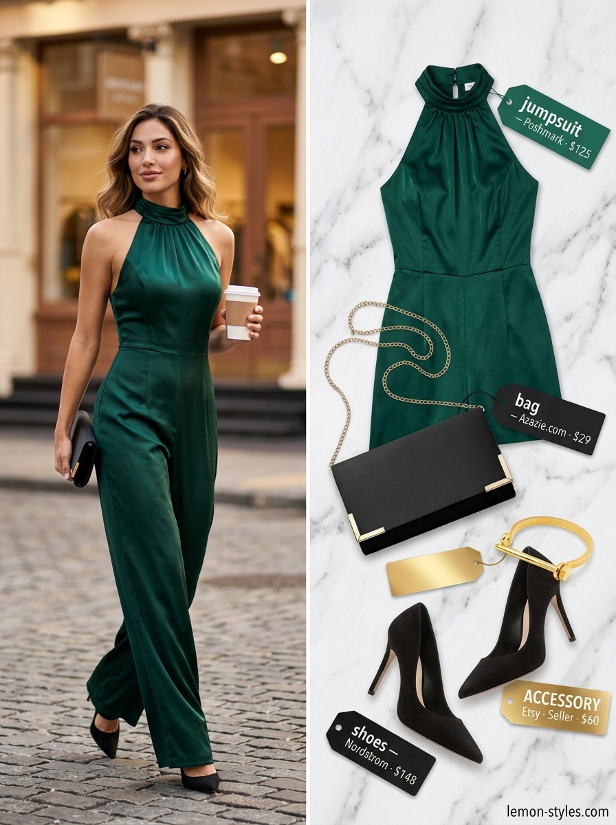Miami Summer Nights 2026: Glamorous Jumpsuit Trendy Miami summer outfits for women 2026: Emerald green satin jumpsuit with black heels and clutch for evening events.