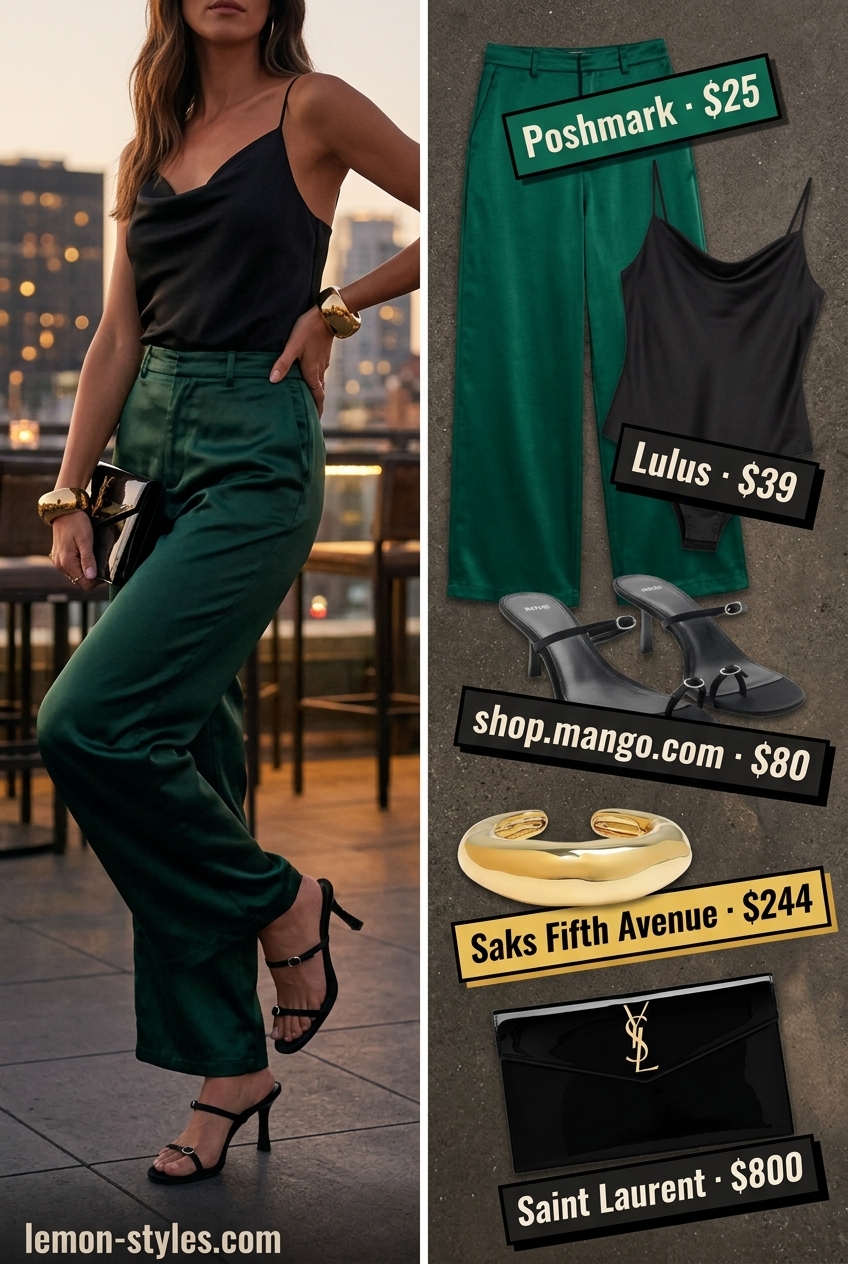 Miami Summer Evening Outfits 2026: Emerald Palazzo Pants Trendy Miami summer outfits for women 2026: Emerald green palazzo pants, black bodysuit & gold cuff for sophisticated evening.