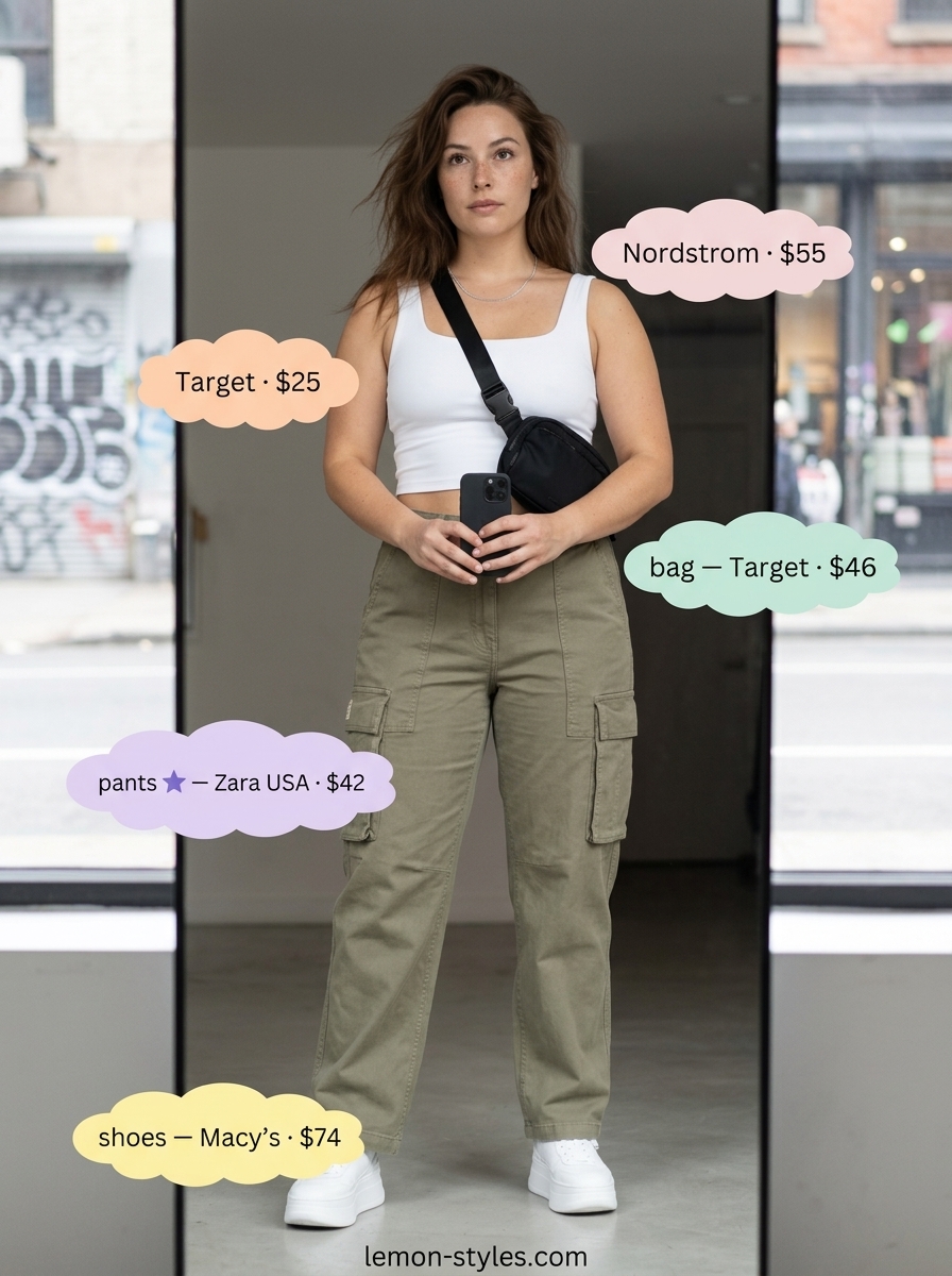 Miami Summer Cargo Pants 2026: Urban Street Style Trendy Miami summer outfits for women 2026: Khaki cargo pants, fitted crop top, platform sneakers, and belt bag for street style.