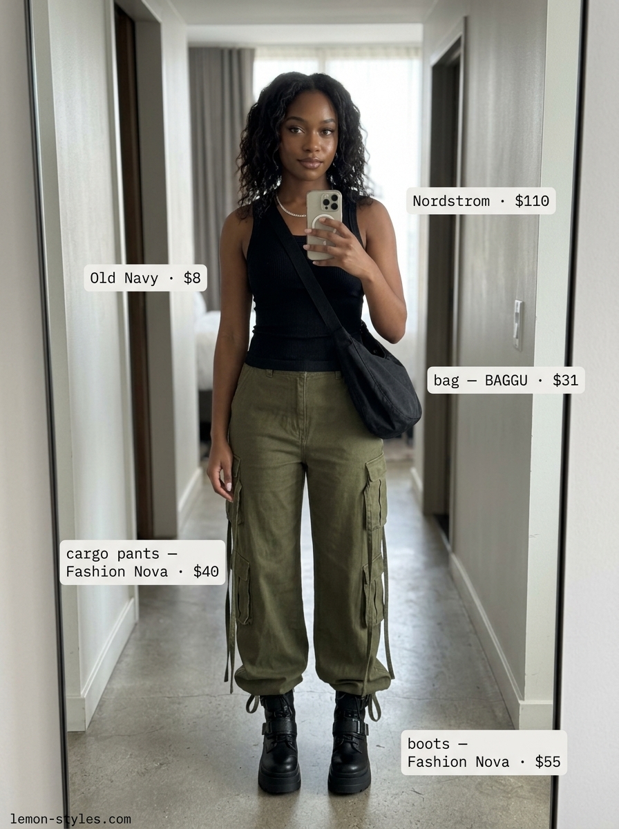 Miami Summer Street Style 2026: Edgy Cargo Pants Trendy Miami summer outfits for women 2026: Olive green cargo pants, black tank, combat boots, and belt bag for urban style.
