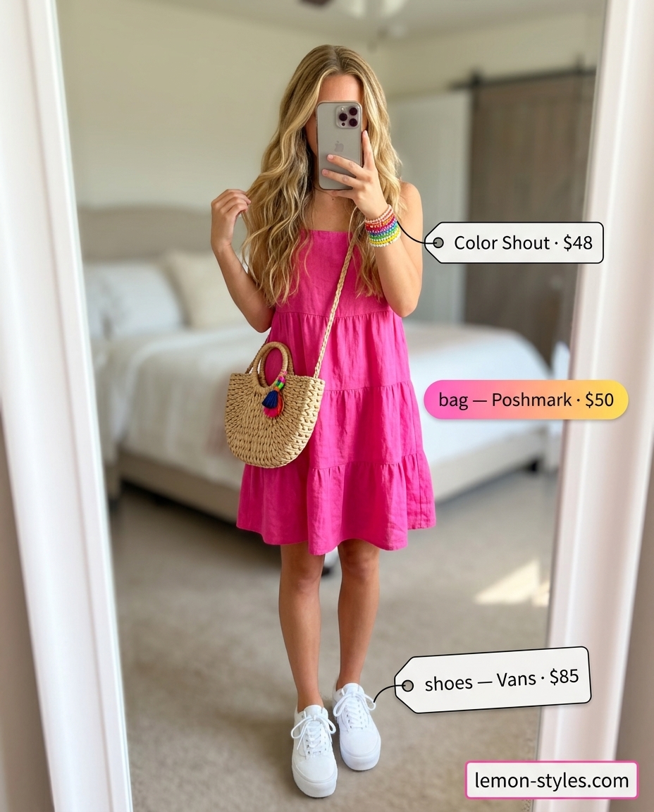 Miami Summer Dress 2026: Playful Floral Mini Trendy Miami summer outfits for women 2026: Pink floral mini dress with platform sneakers and straw crossbody bag.