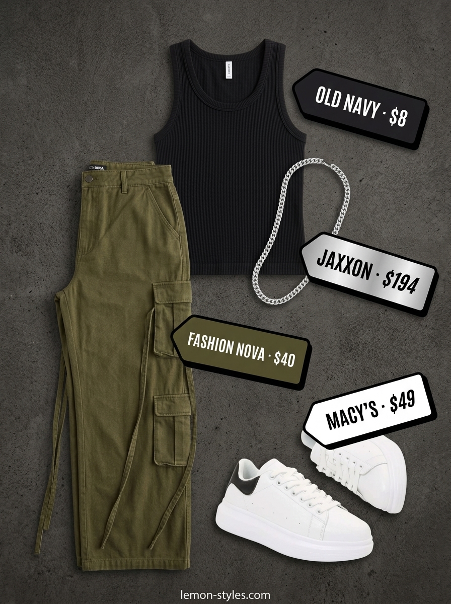 Miami Summer Street Style 2026: Cargo Pants Trendy Miami summer outfits for women 2026: Olive green cargo pants, white tank & chunky sneakers for cool street style.