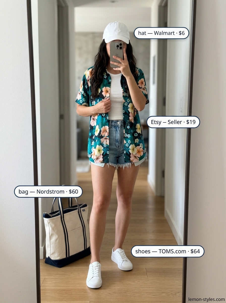Miami Summer Linen Set 2026: Tropical City Explorer Trendy Miami summer outfits for women 2026: Tropical linen set with white sneakers and tote bag for city exploring.
