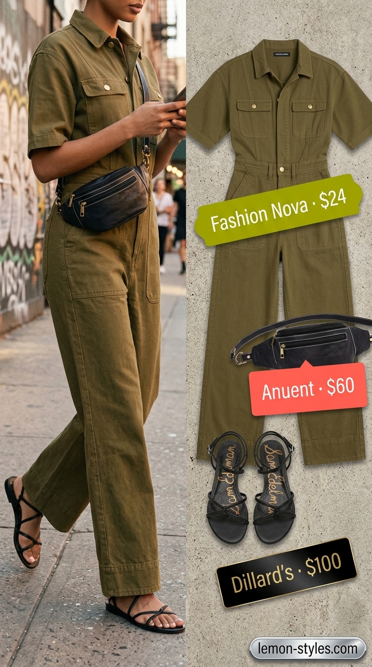 Modern NYC summer outfit for women 2026: Olive green utility jumpsuit, black sandals, and gold chain necklace.