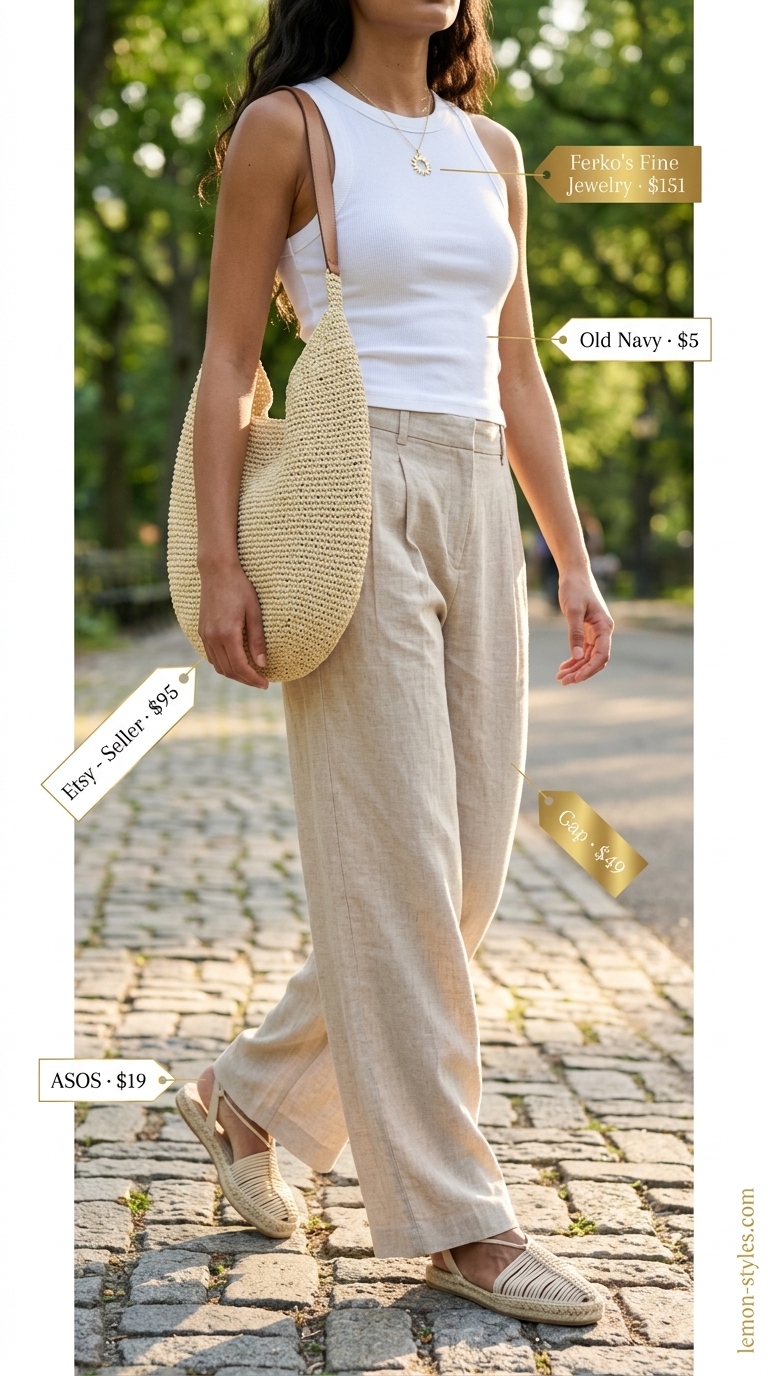 Relaxed NYC summer outfit for women 2026: Beige linen pants, white tank top, espadrilles, and straw tote for a park day.
