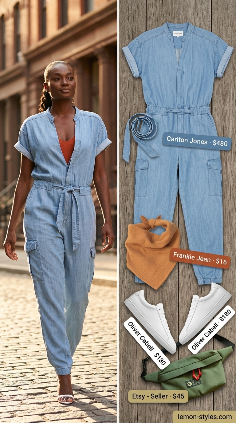Trendy NYC summer outfits for women 2026: Light wash denim jumpsuit, canvas belt bag, and white sneakers.