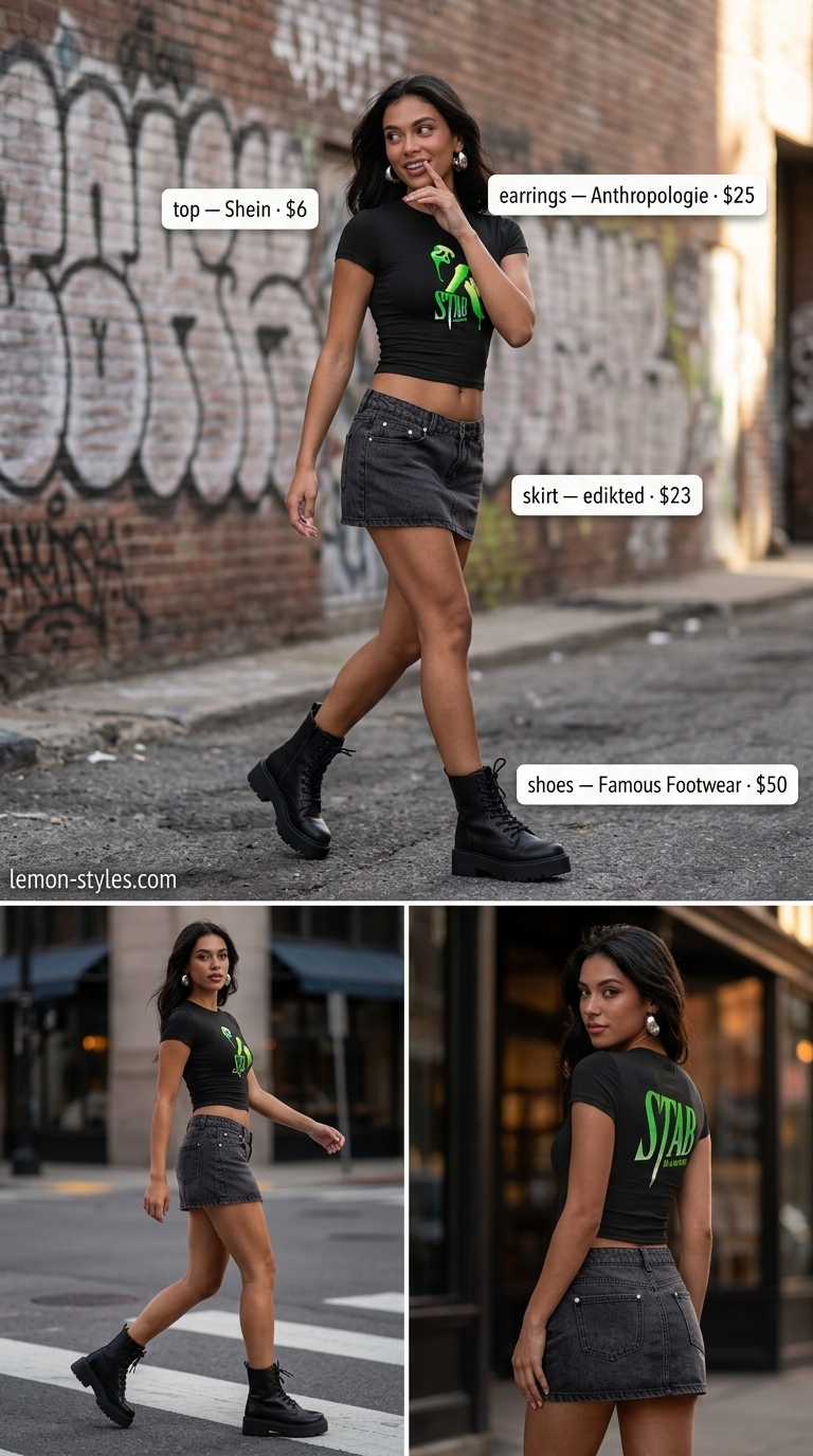 Trendy NYC summer outfits for women 2026: Black denim skirt, graphic tee, and silver bag for edgy vibes.