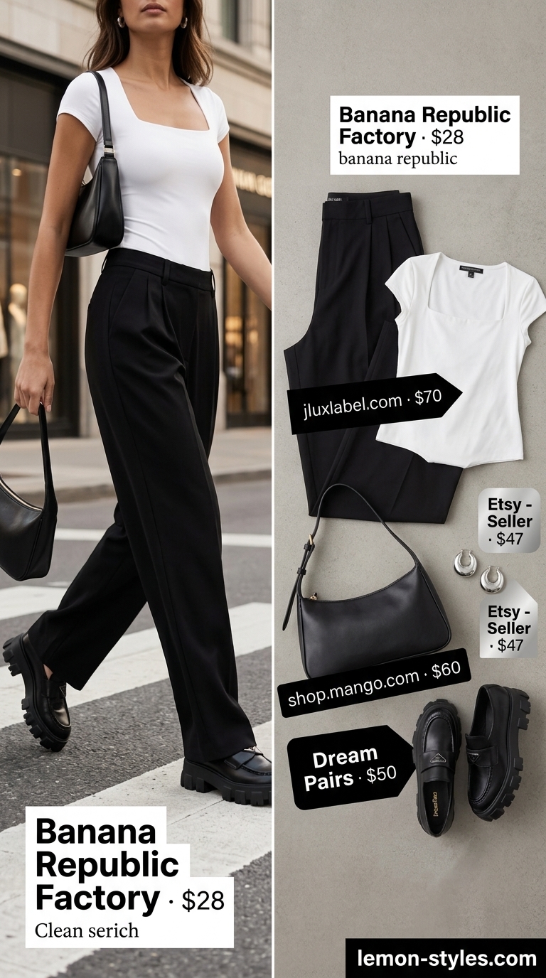 Effortless NYC summer outfit for women 2026: Black wide-leg trousers, white bodysuit, platform loafers, and silver hoops.