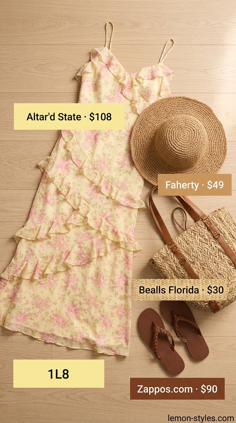 Trendy NYC summer outfits for women 2026: Floral maxi dress, straw tote, and braided sandals for a park picnic.