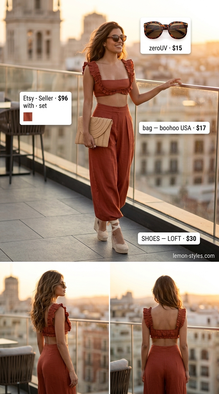 Trendy NYC summer outfits for women 2026: Terra cotta linen set, espadrilles, and straw clutch for rooftop drinks.