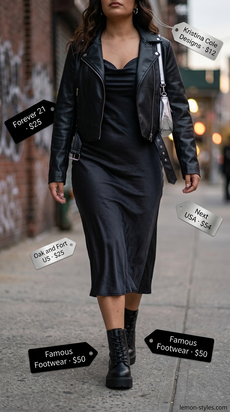 Edgy NYC summer outfit for women 2026: Black slip dress, moto jacket, combat boots, and silver bag for evening.