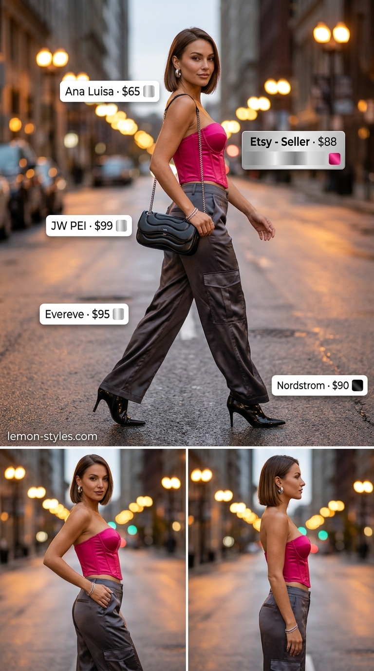 Trendy NYC summer outfits for women 2026: Charcoal satin pants, hot pink corset top, and ankle boots for evening.