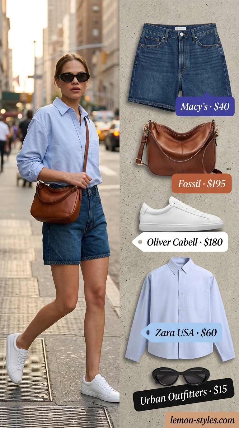 Trendy NYC summer outfit for women 2026: Dark denim shorts, oversized blue shirt, white sneakers, and brown crossbody bag for shopping.