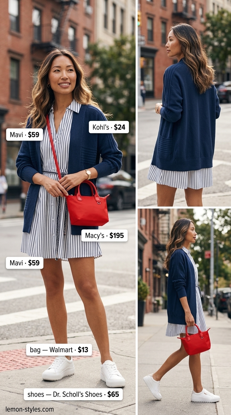 Trendy NYC summer outfits for women 2026: Blue & white striped shirt dress, white sneakers, and red bag.