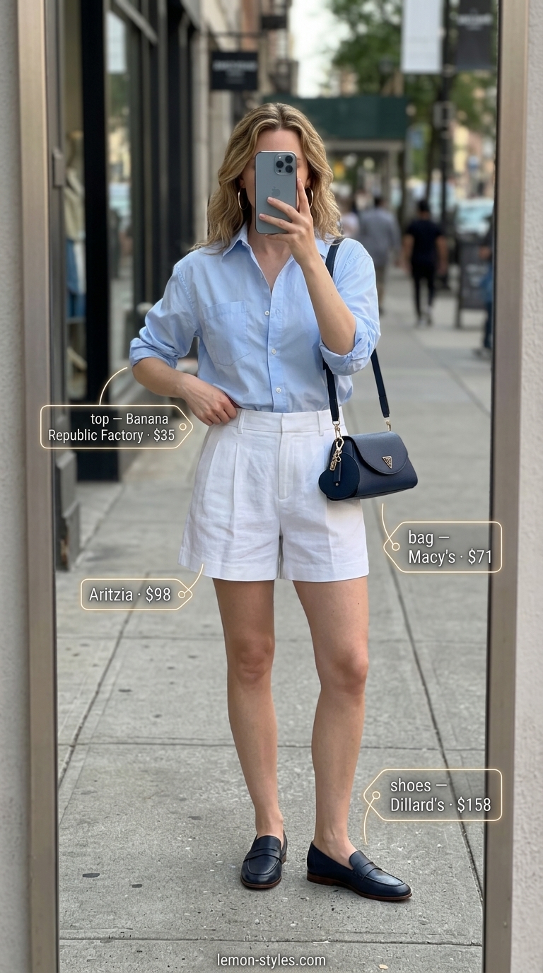 Polished NYC summer outfit for women 2026: White tailored shorts, sky blue shirt, navy loafers, and gold earrings.