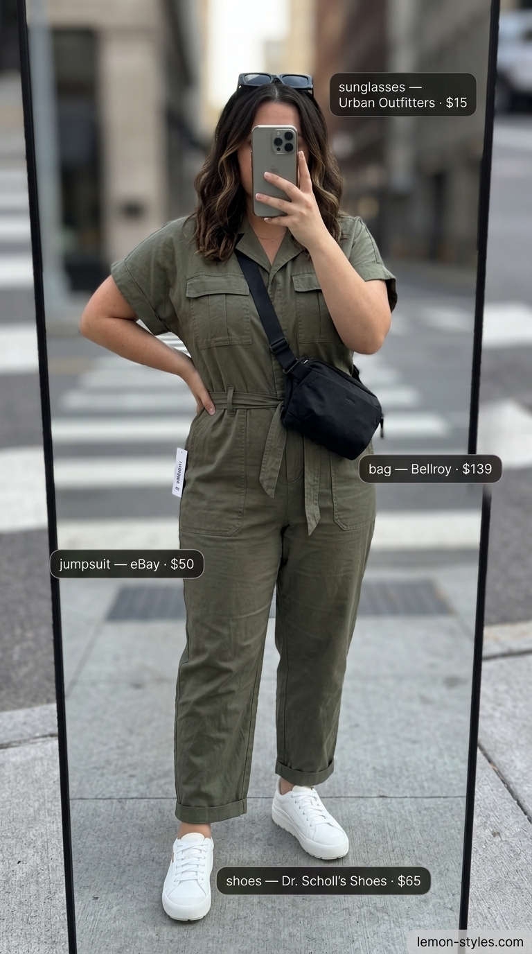 Practical NYC summer outfit for women 2026: Khaki utility jumpsuit, white sneakers, and black belt bag for errands.