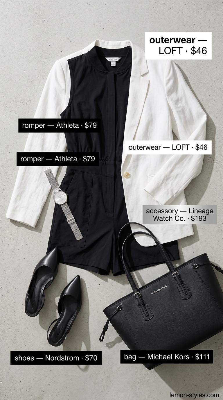 Trendy NYC summer outfits for women 2026: Black utility romper, white blazer, and slingback heels for brunch.
