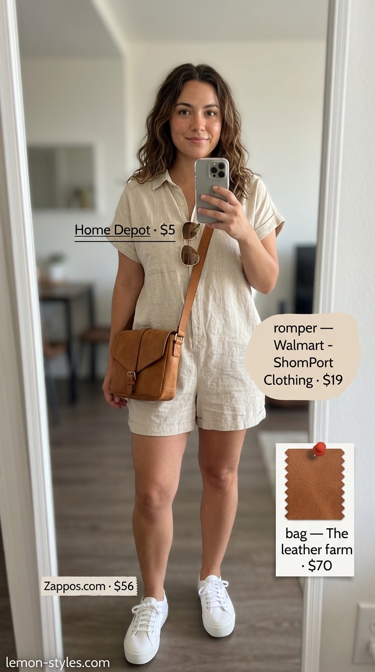 Beige linen romper with white sneakers, for trendy NYC summer outfits for women 2026 shopping days.